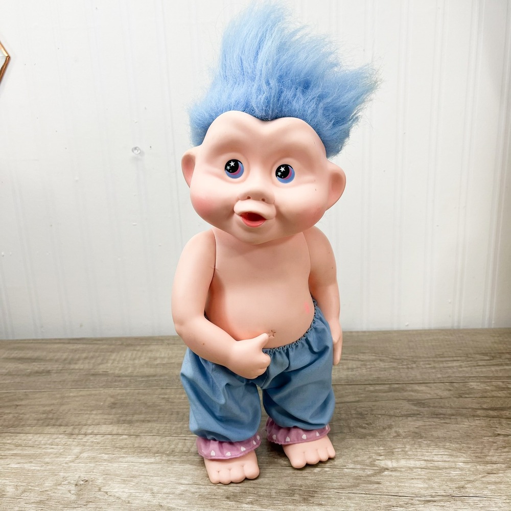 Vintage Applause Magic Trolls Doll Blue Hair Star Eyes 12 Inch Vinyl Figure